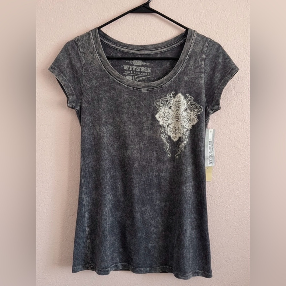 Witness Black Mineral-Wash Scoop Neck Y2K Vibe Tee Embroidered Medallion Size S